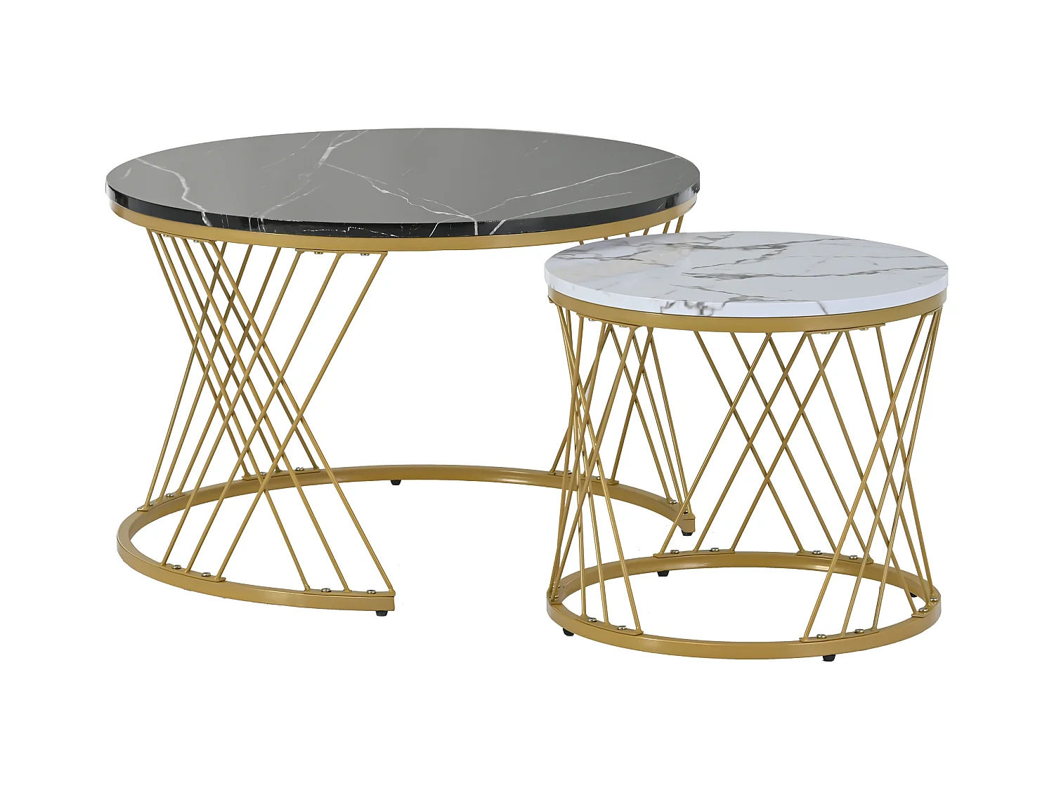 Lot de 2 tables basses gigognes rondes placage marbre noir et blanc laqué, cadre en métal doré