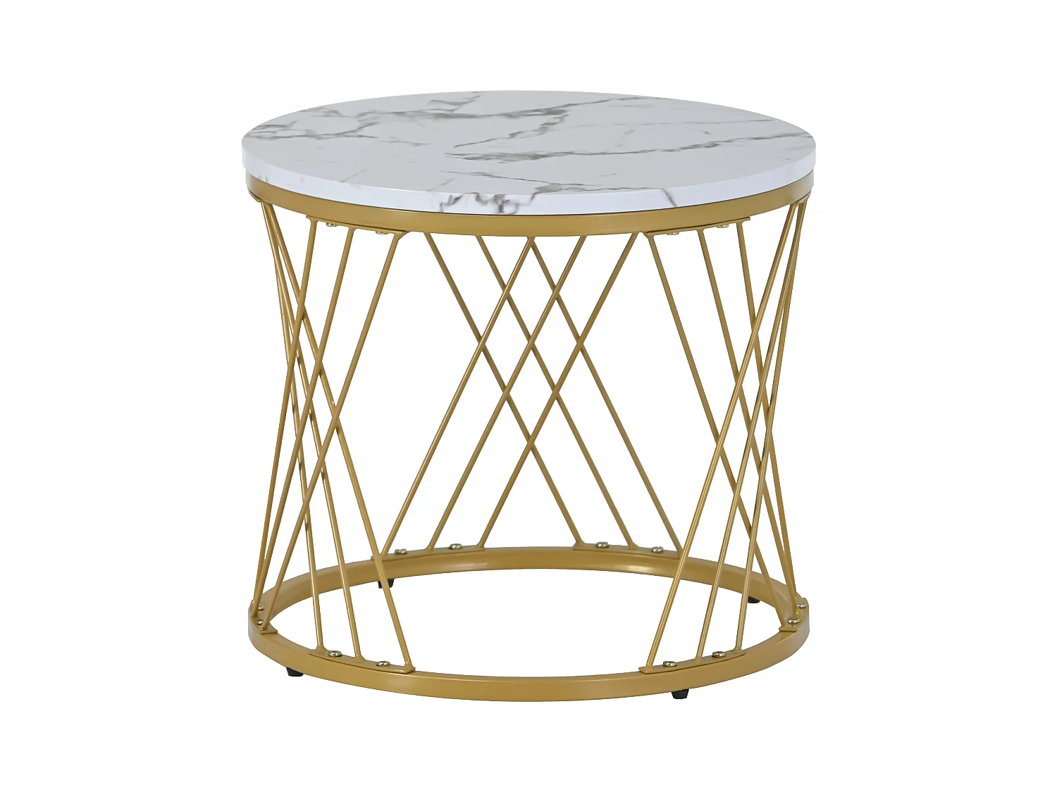 Lot de 2 tables basses gigognes rondes placage marbre noir et blanc laqué, cadre en métal doré