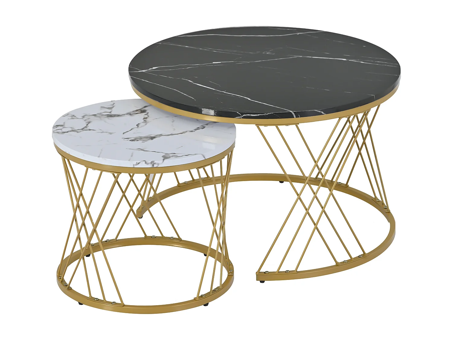 Lot de 2 tables basses gigognes rondes placage marbre noir et blanc laqué, cadre en métal doré