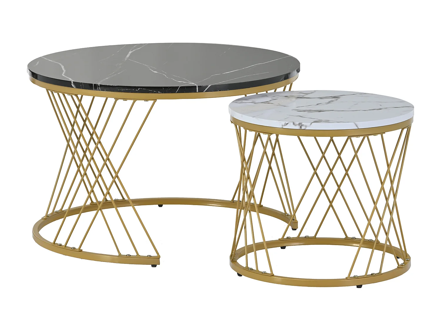 Lot de 2 tables basses gigognes rondes placage marbre noir et blanc laqué, cadre en métal doré