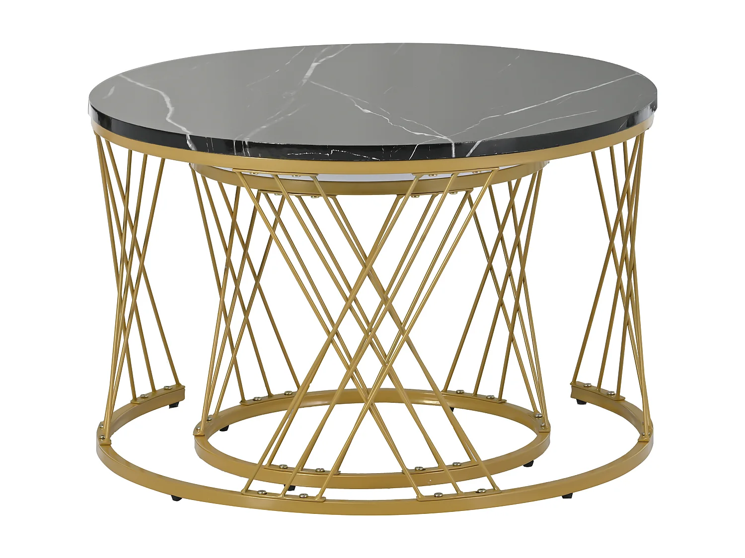 Lot de 2 tables basses gigognes rondes placage marbre noir et blanc laqué, cadre en métal doré