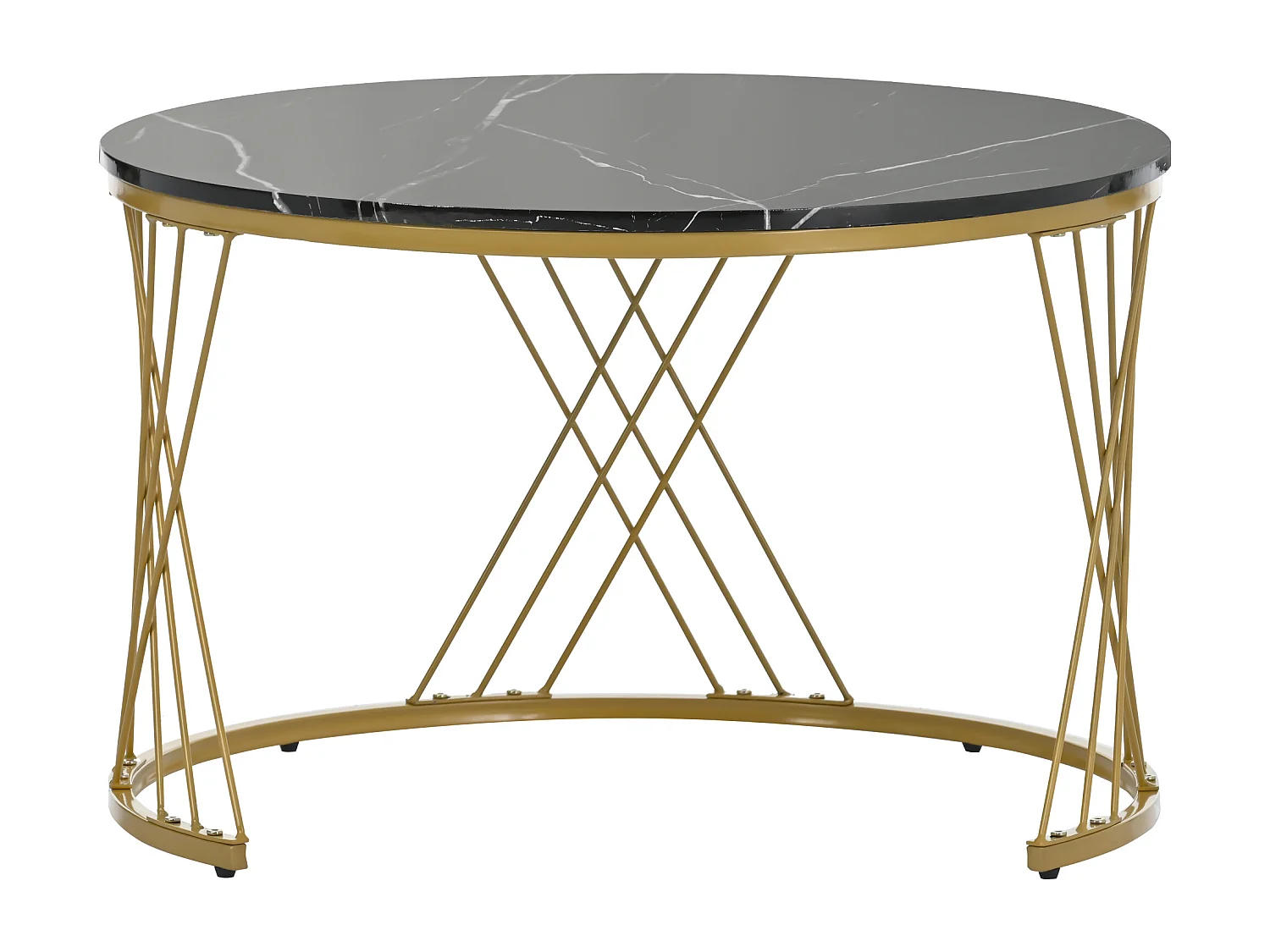 Lot de 2 tables basses gigognes rondes placage marbre noir et blanc laqué, cadre en métal doré