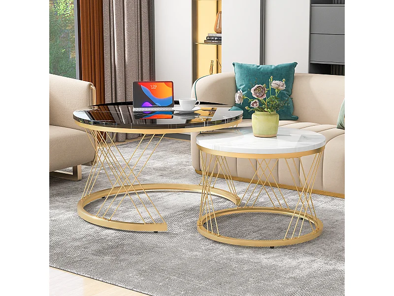 Set van 2 ronde, in elkaar passende salontafels in zwart-wit gelakt marmerfineer, goudkleurig metalen frame