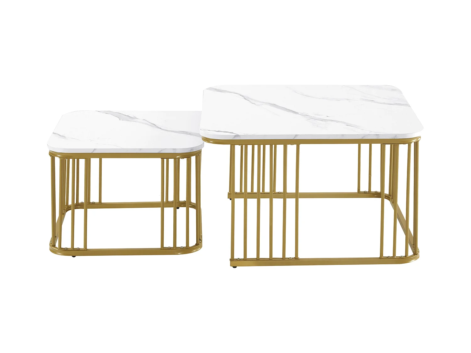 Lot de 2 tables basses gigognes carré en placage marbre, cadre en métal doré