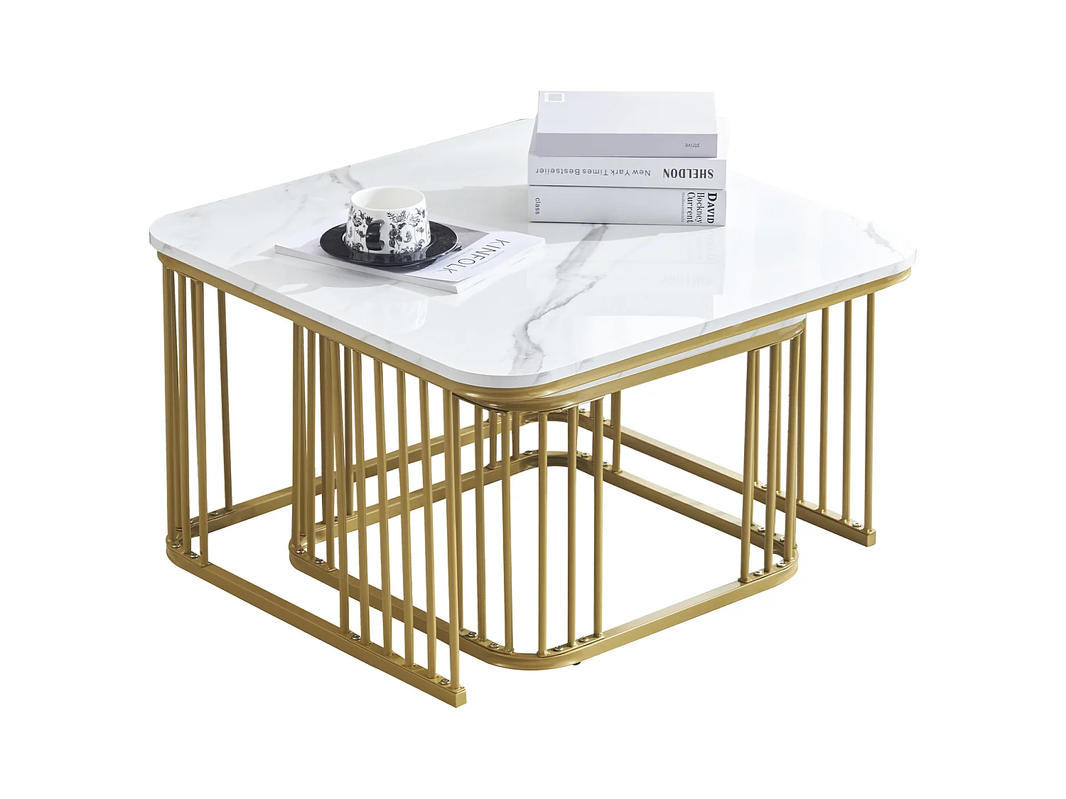 Lot de 2 tables basses gigognes carré en placage marbre, cadre en métal doré