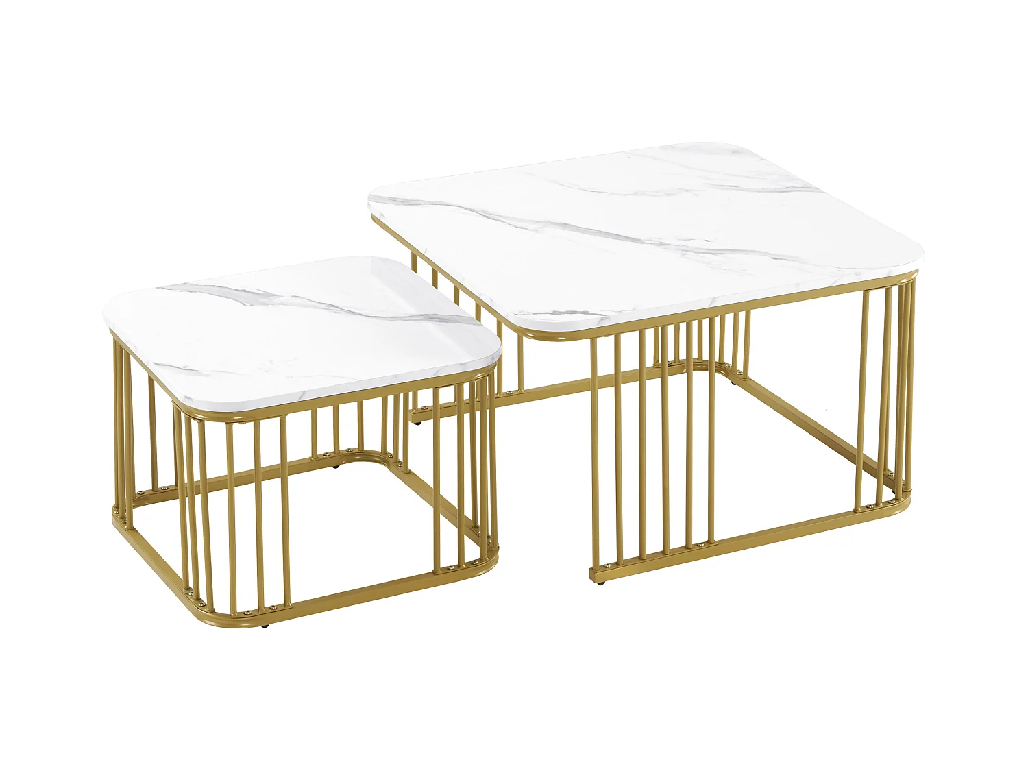 Lot de 2 tables basses gigognes carré en placage marbre, cadre en métal doré