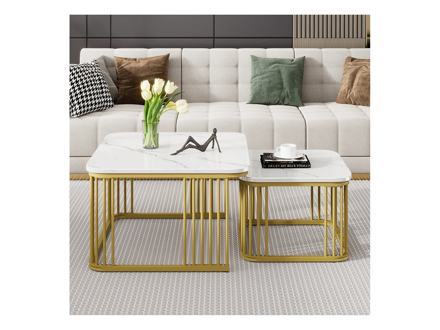 Lot de 2 tables basses gigognes carré en placage marbre, cadre en métal doré