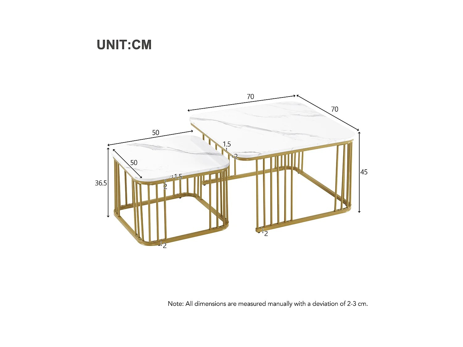 Lot de 2 tables basses gigognes carré en placage marbre, cadre en métal doré