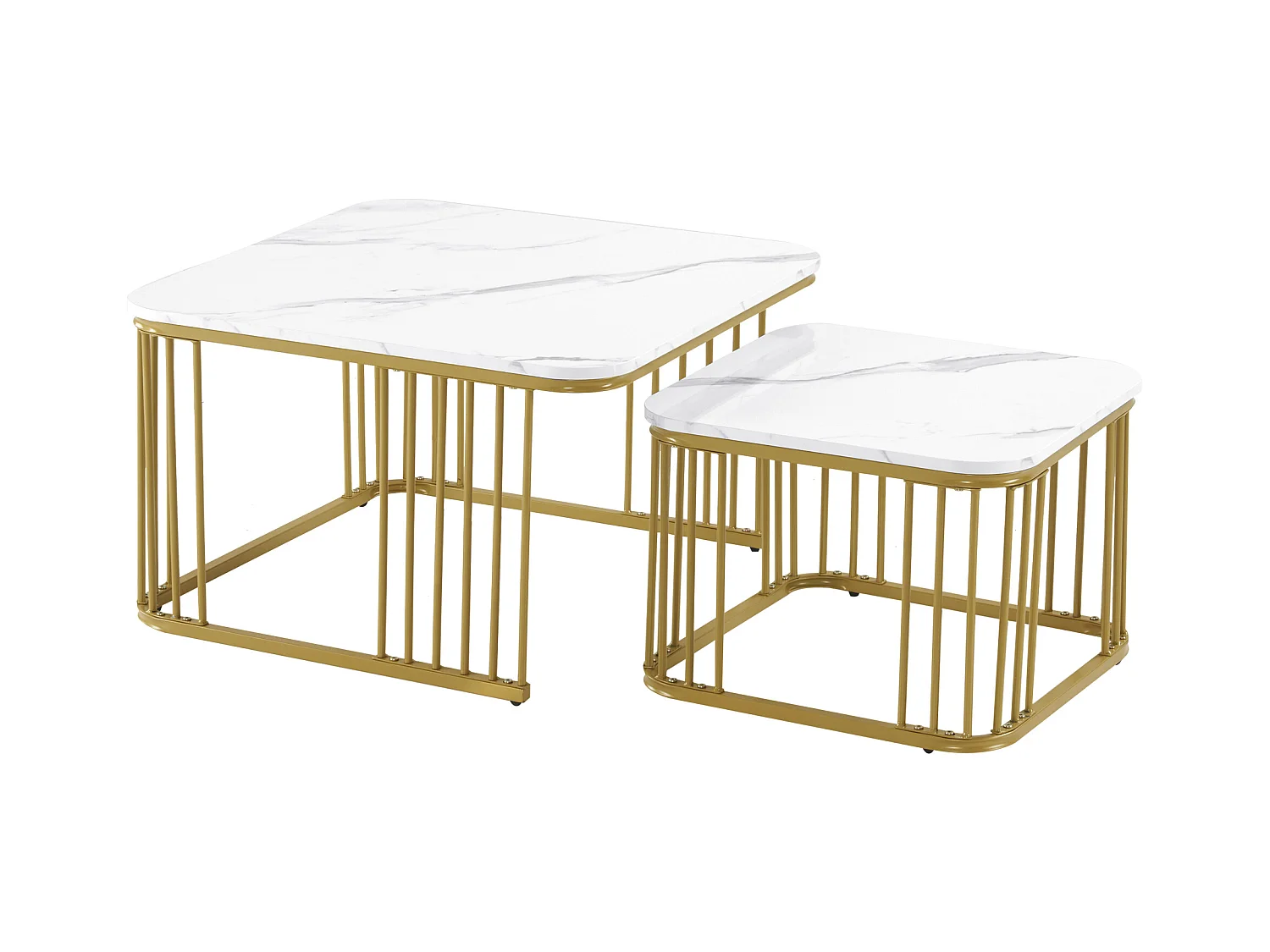 Lot de 2 tables basses gigognes carré en placage marbre, cadre en métal doré