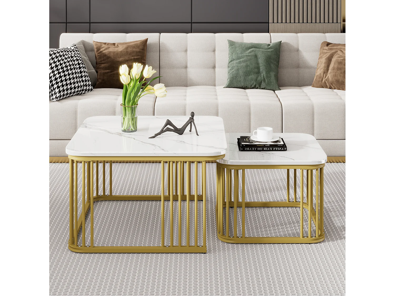 Lot de 2 tables basses gigognes carré en placage effet marbre, cadre en métal doré