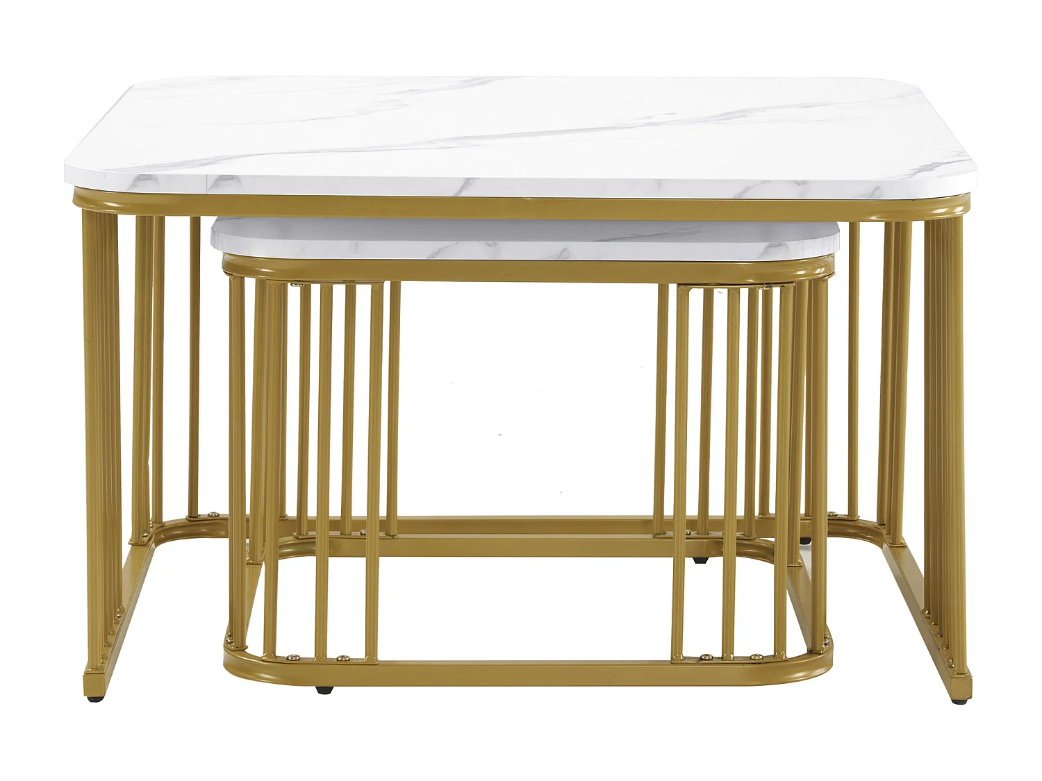 Lot de 2 tables basses gigognes carré en placage effet marbre, cadre en métal doré