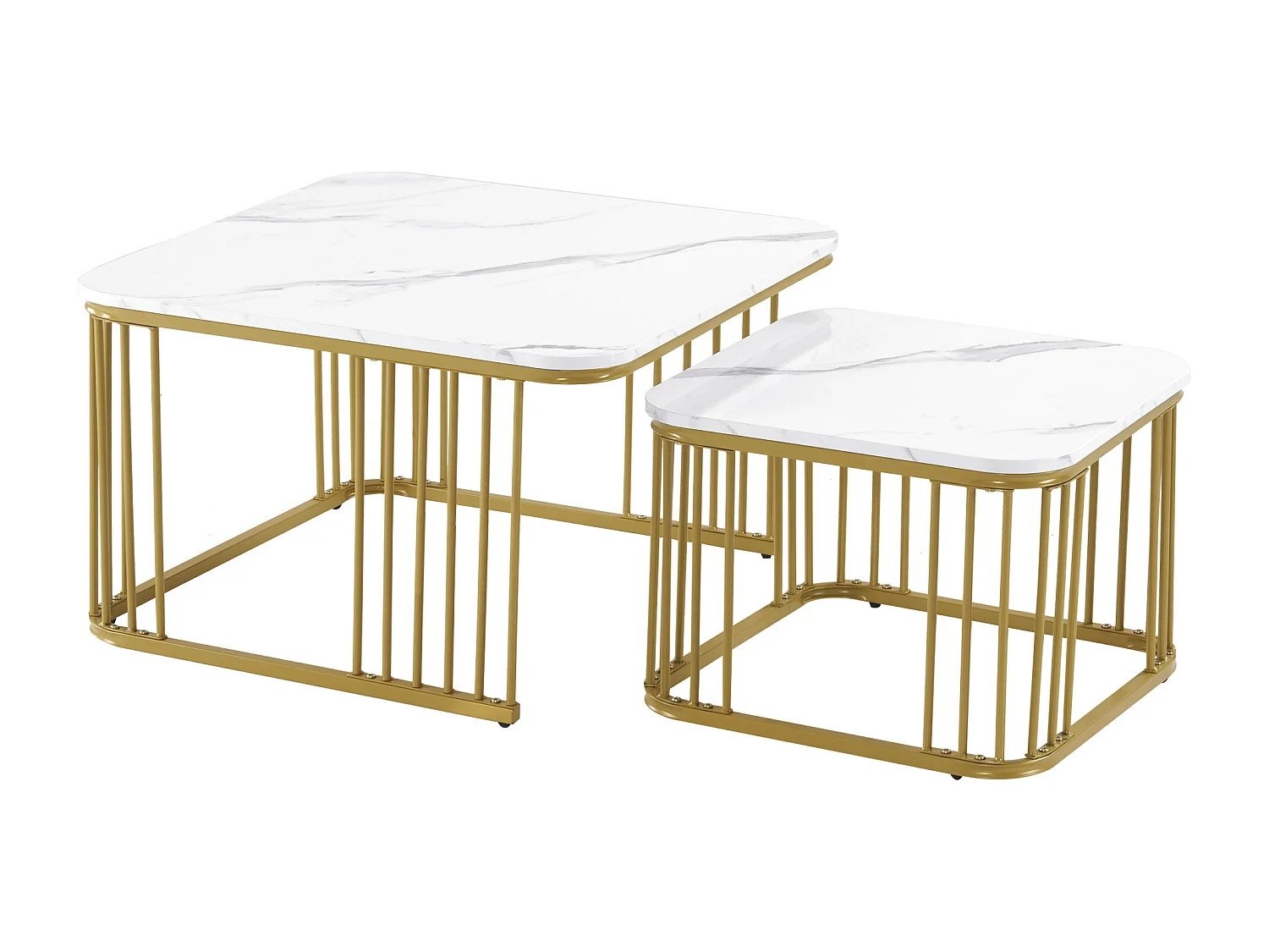 Lot de 2 tables basses gigognes carré en placage effet marbre, cadre en métal doré