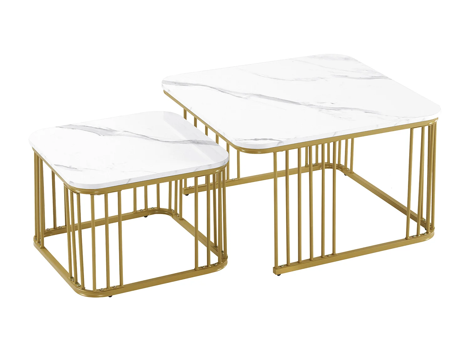 Lot de 2 tables basses gigognes carré en placage effet marbre, cadre en métal doré