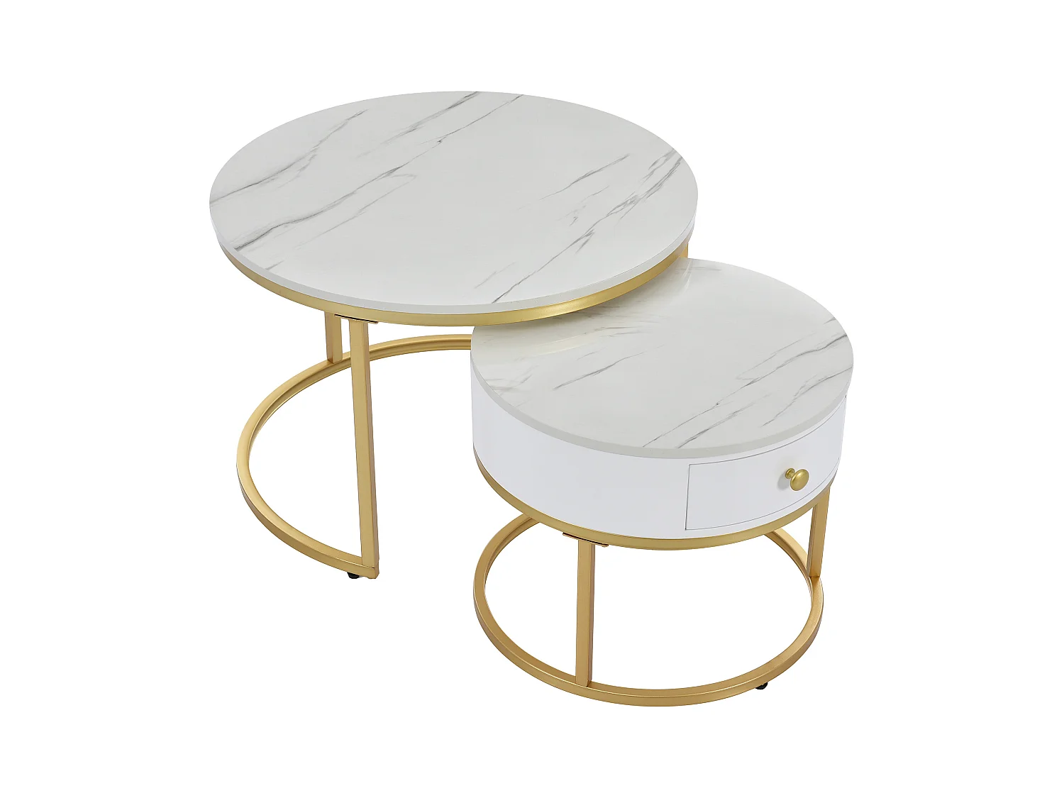 Lot de 2 tables basses gigognes rondes placage marbre blanc avec tiroir, cadre en métal doré