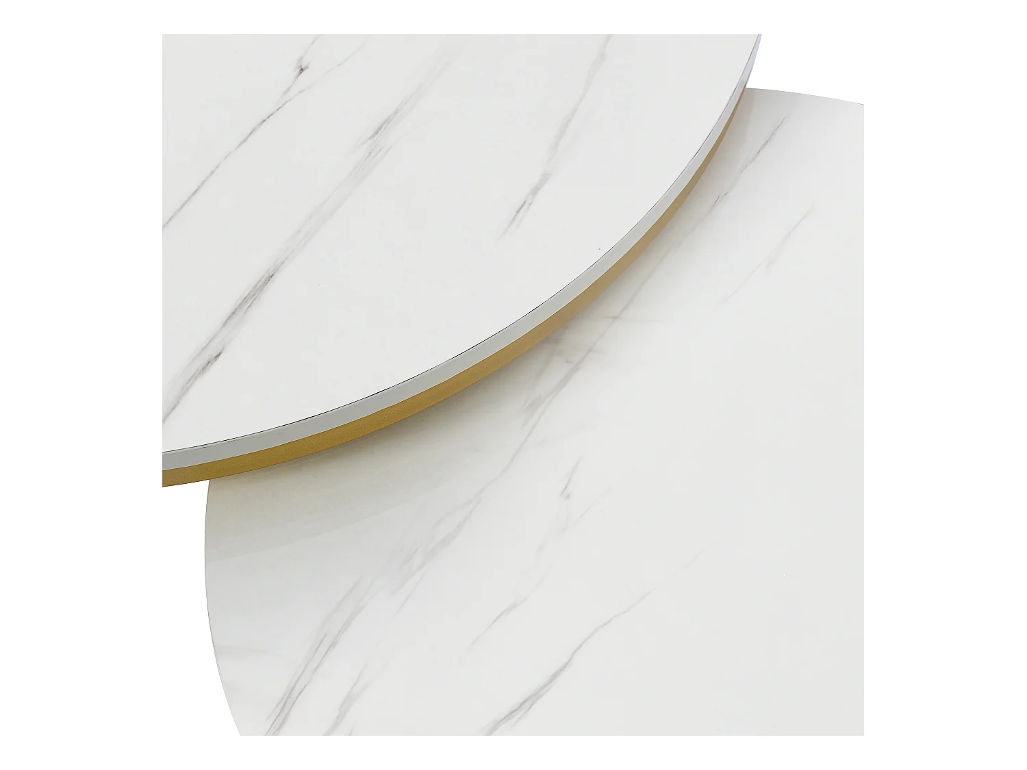 Lot de 2 tables basses gigognes rondes placage marbre blanc avec tiroir, cadre en métal doré