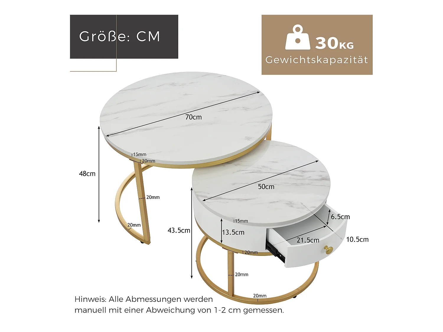 Lot de 2 tables basses gigognes rondes placage marbre blanc avec tiroir, cadre en métal doré