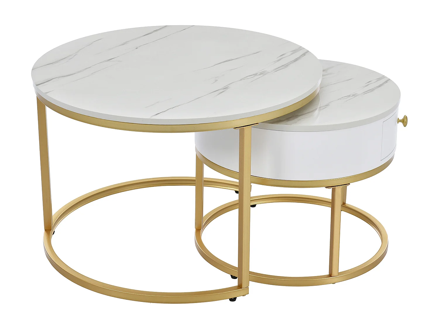 Set van 2 ronde, in elkaar passende salontafels in wit marmerfineer met lade, goudkleurig metalen frame