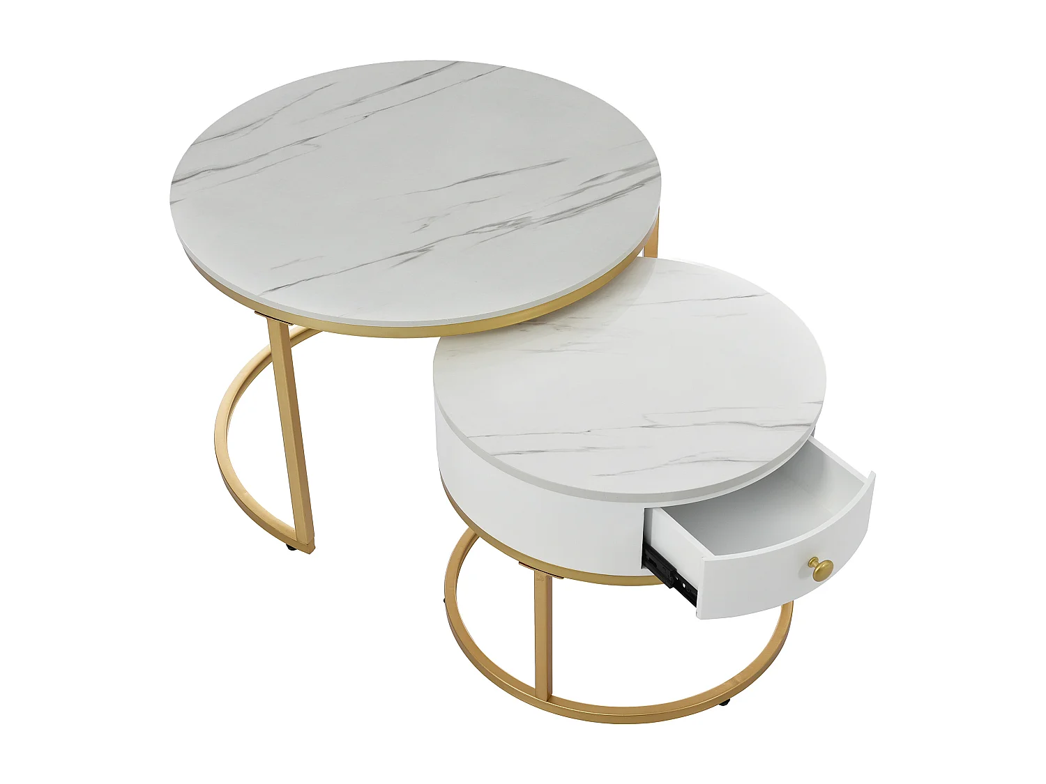 Set van 2 ronde, in elkaar passende salontafels in wit marmerfineer met lade, goudkleurig metalen frame