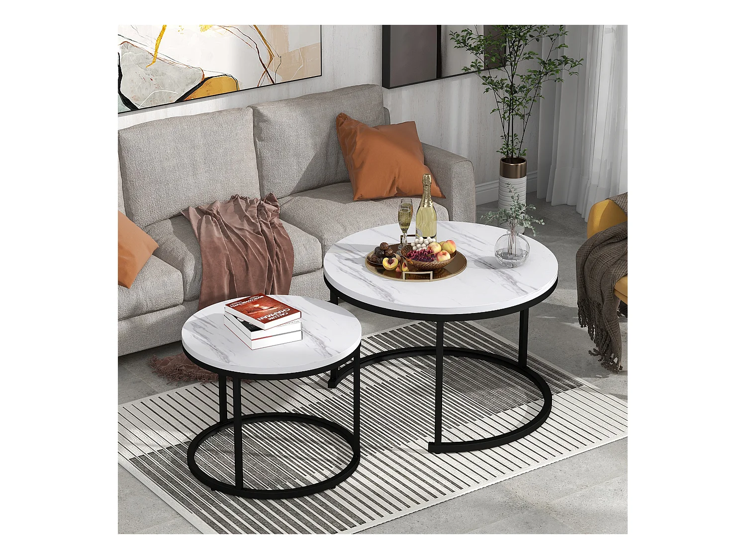 Lot de 2 tables basses gigognes rondes placage marbre blanc, cadre en métal noir