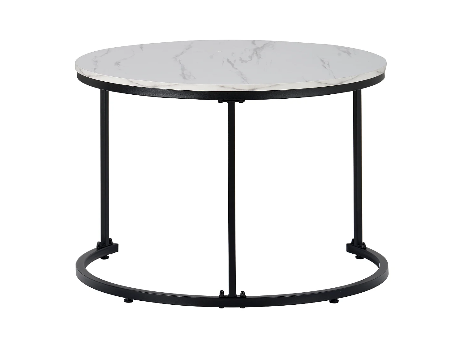 Lot de 2 tables basses gigognes rondes placage marbre blanc, cadre en métal noir