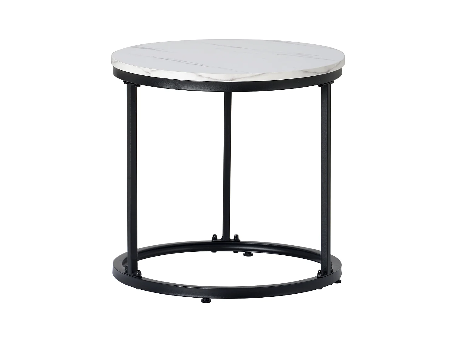 Lot de 2 tables basses gigognes rondes placage marbre blanc, cadre en métal noir