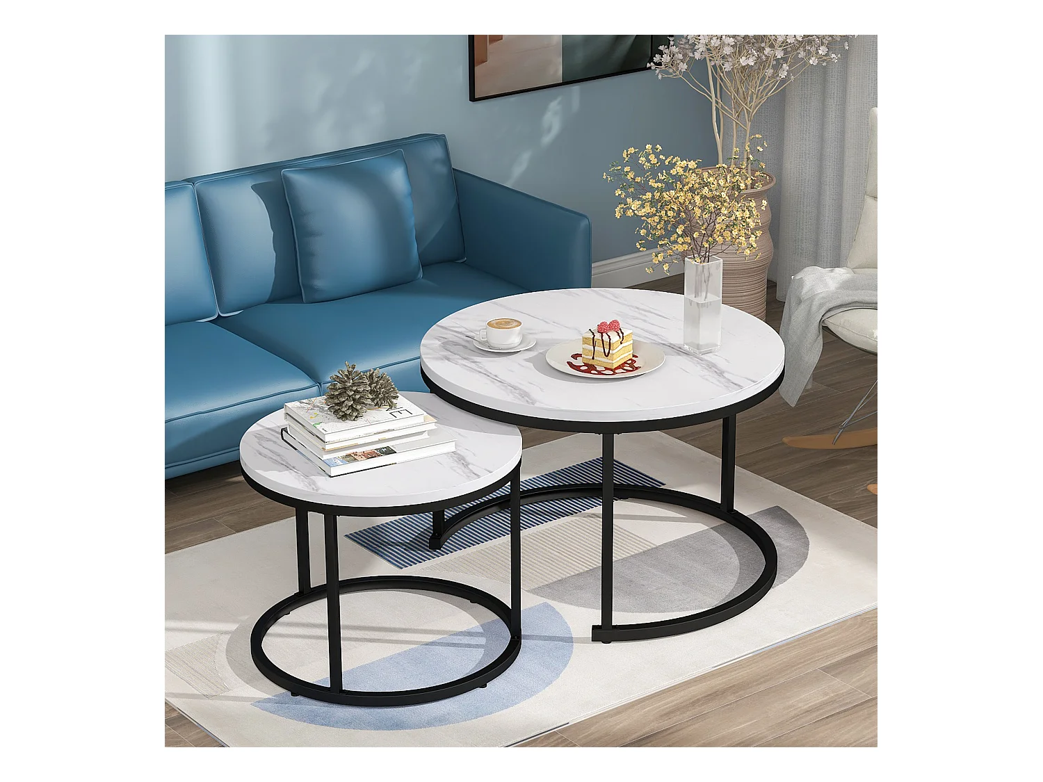 Lot de 2 tables basses gigognes rondes placage marbre blanc, cadre en métal noir