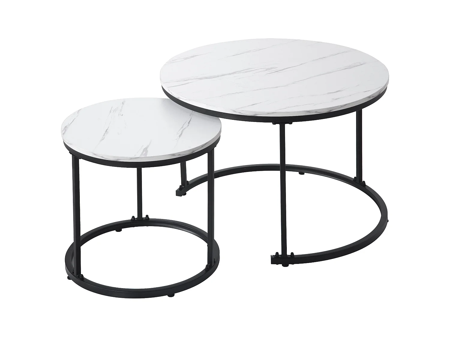 Lot de 2 tables basses gigognes rondes placage marbre blanc, cadre en métal noir