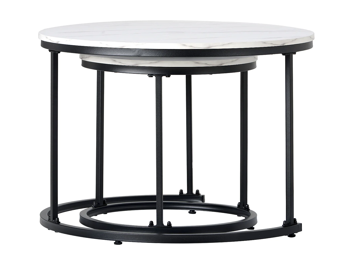 Lot de 2 tables basses gigognes rondes placage effet marbre blanc, cadre en métal noir