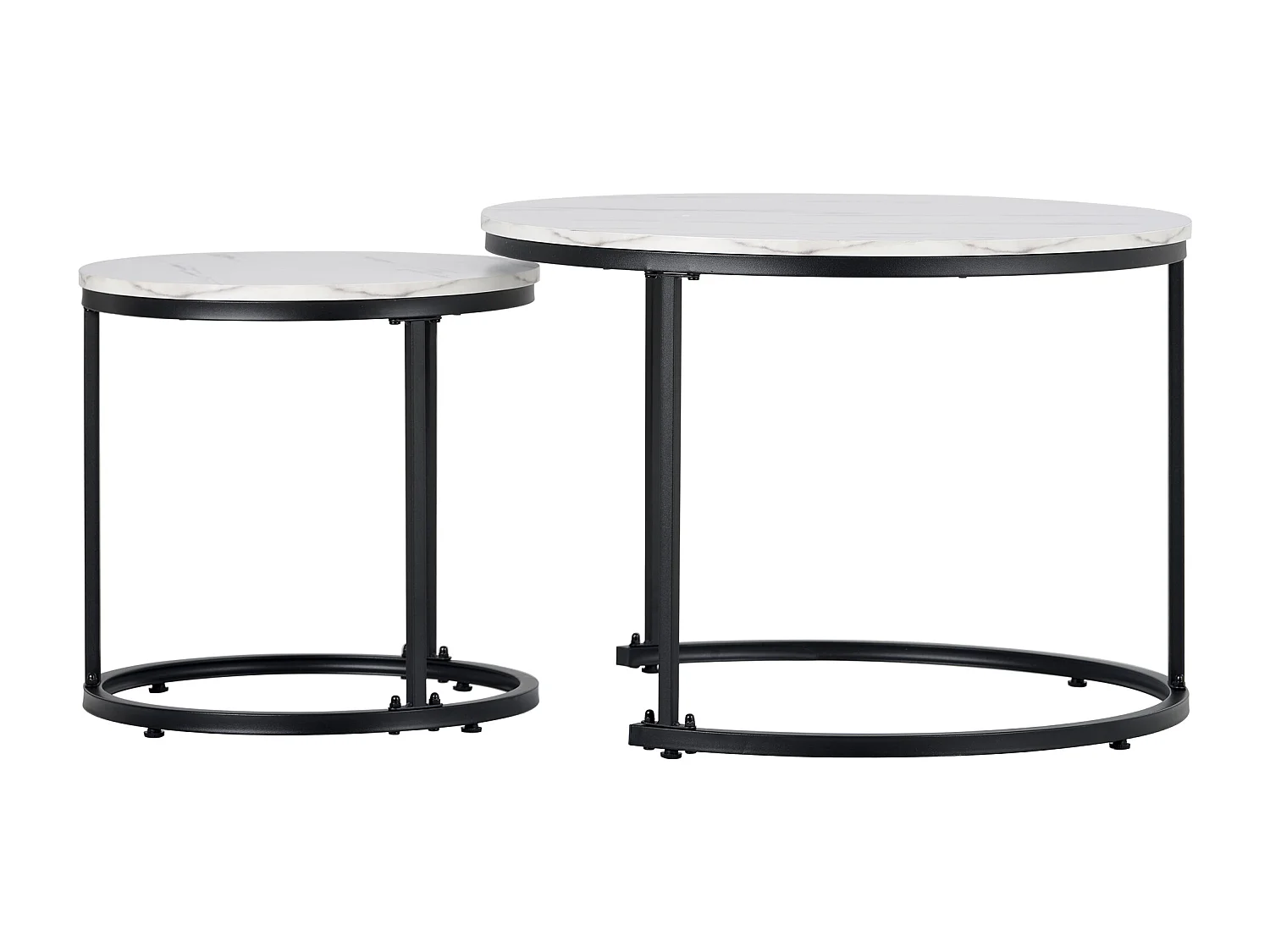 Lot de 2 tables basses gigognes rondes placage effet marbre blanc, cadre en métal noir
