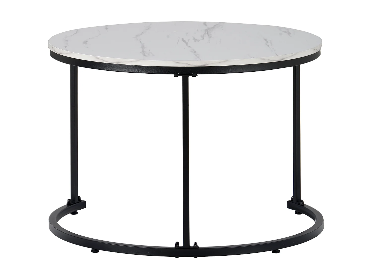 Lot de 2 tables basses gigognes rondes placage effet marbre blanc, cadre en métal noir