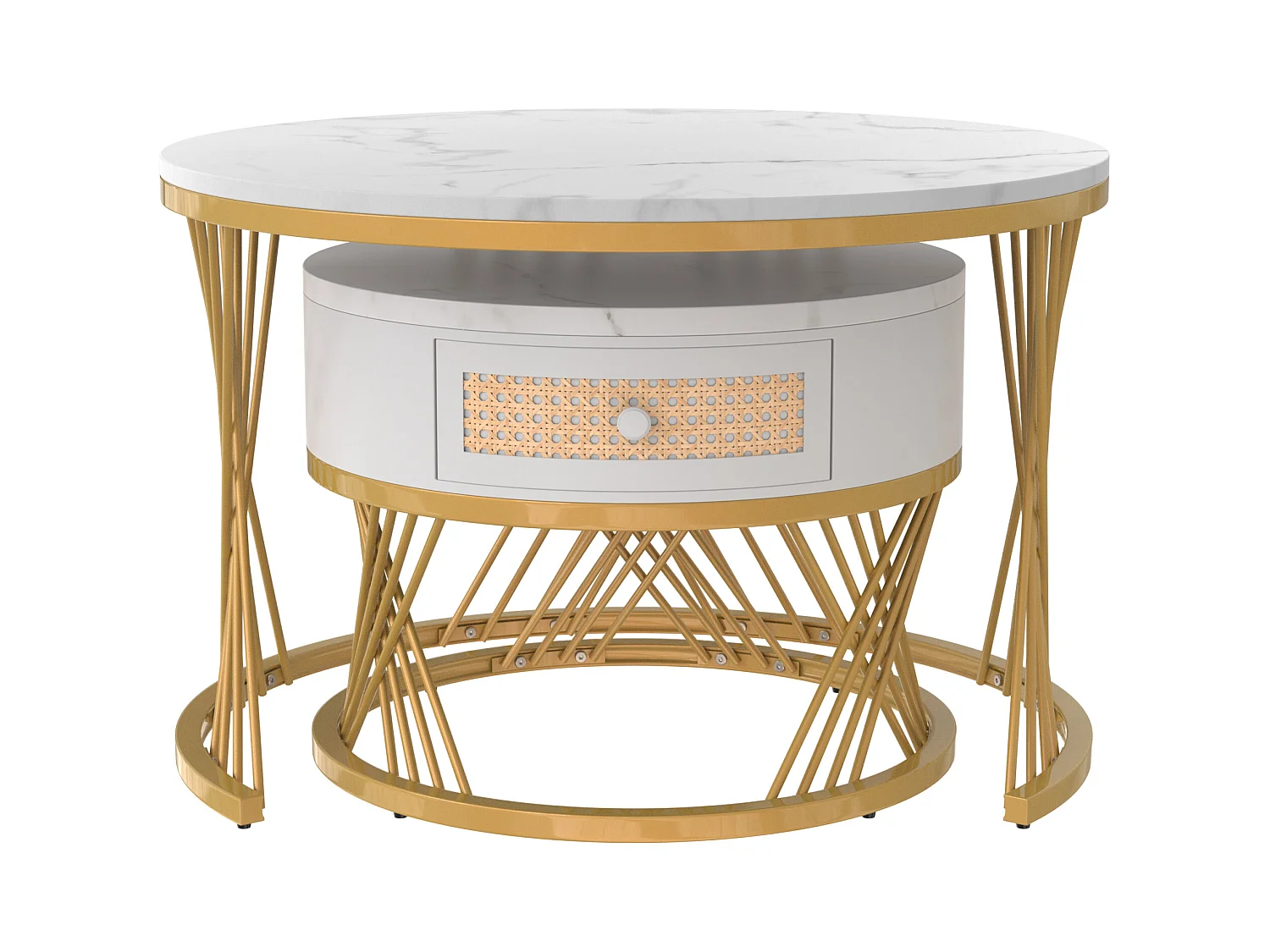 Set van 2 ronde, in elkaar passende salontafels in wit marmerfineer met lade en onderplank, goudkleurig metalen frame