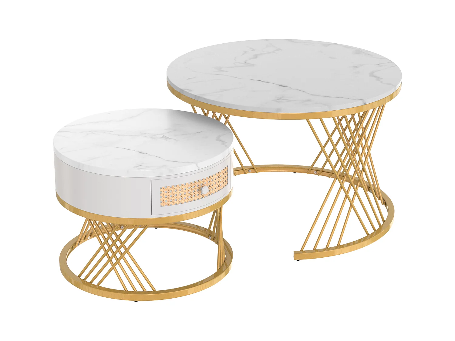 Set van 2 ronde, in elkaar passende salontafels in wit marmerfineer met lade en onderplank, goudkleurig metalen frame
