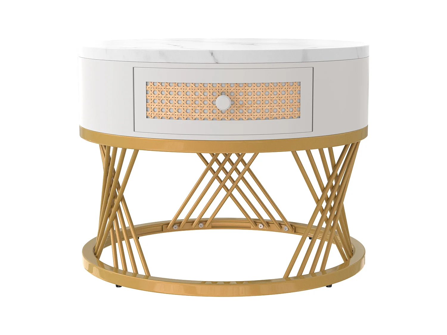 Set van 2 ronde, in elkaar passende salontafels in wit marmerfineer met lade en onderplank, goudkleurig metalen frame