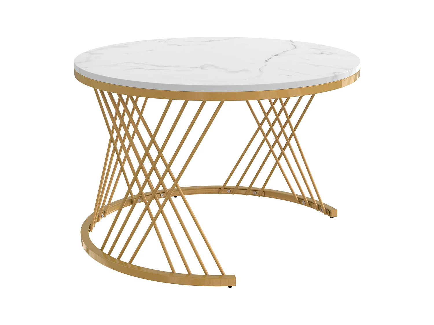 Set van 2 ronde, in elkaar passende salontafels in wit marmerfineer met lade en onderplank, goudkleurig metalen frame