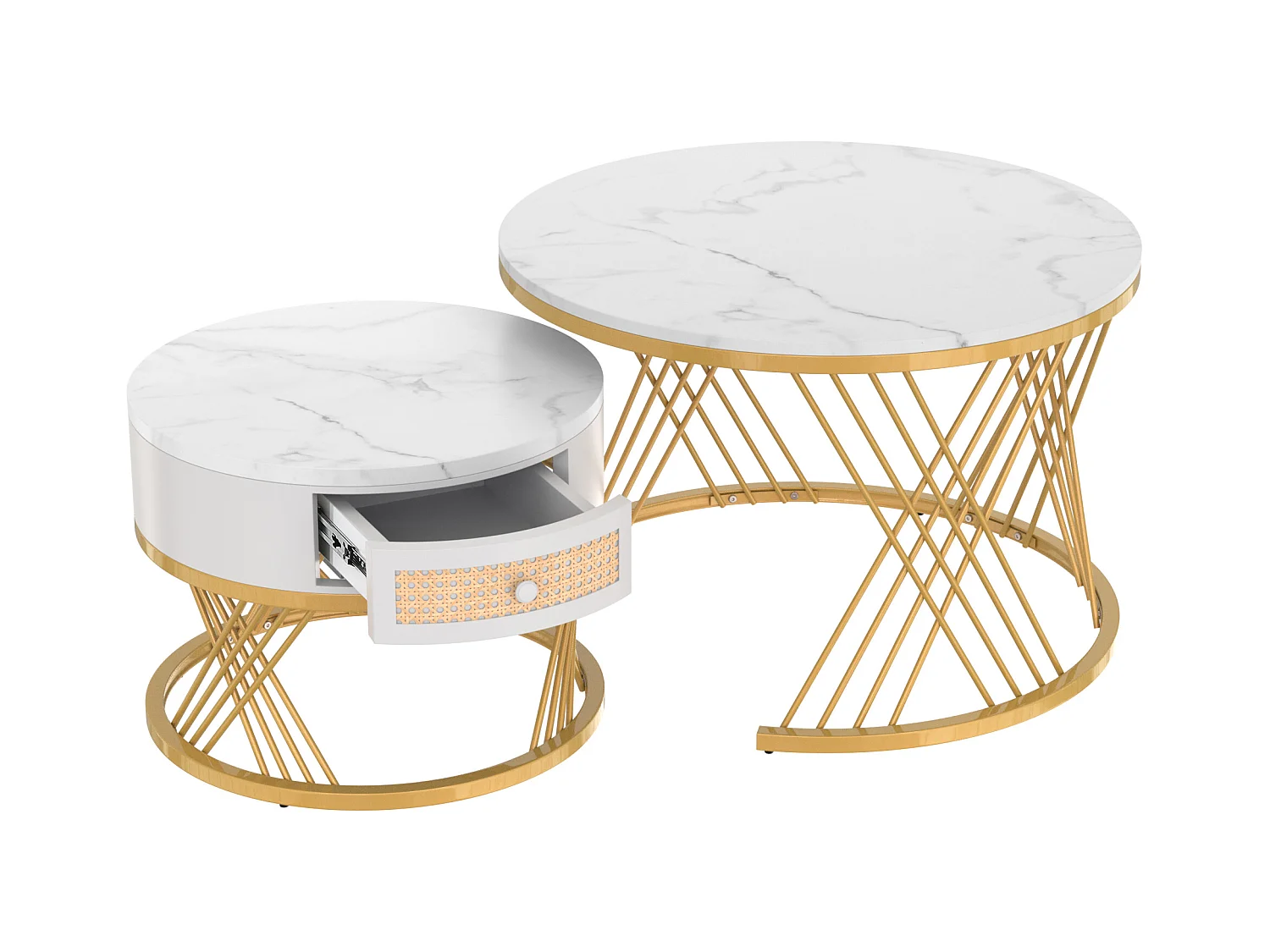 Lot de 2 tables basses gigognes rondes placage marbre blanc avec tiroir et tablette inférieure, cadre en métal doré