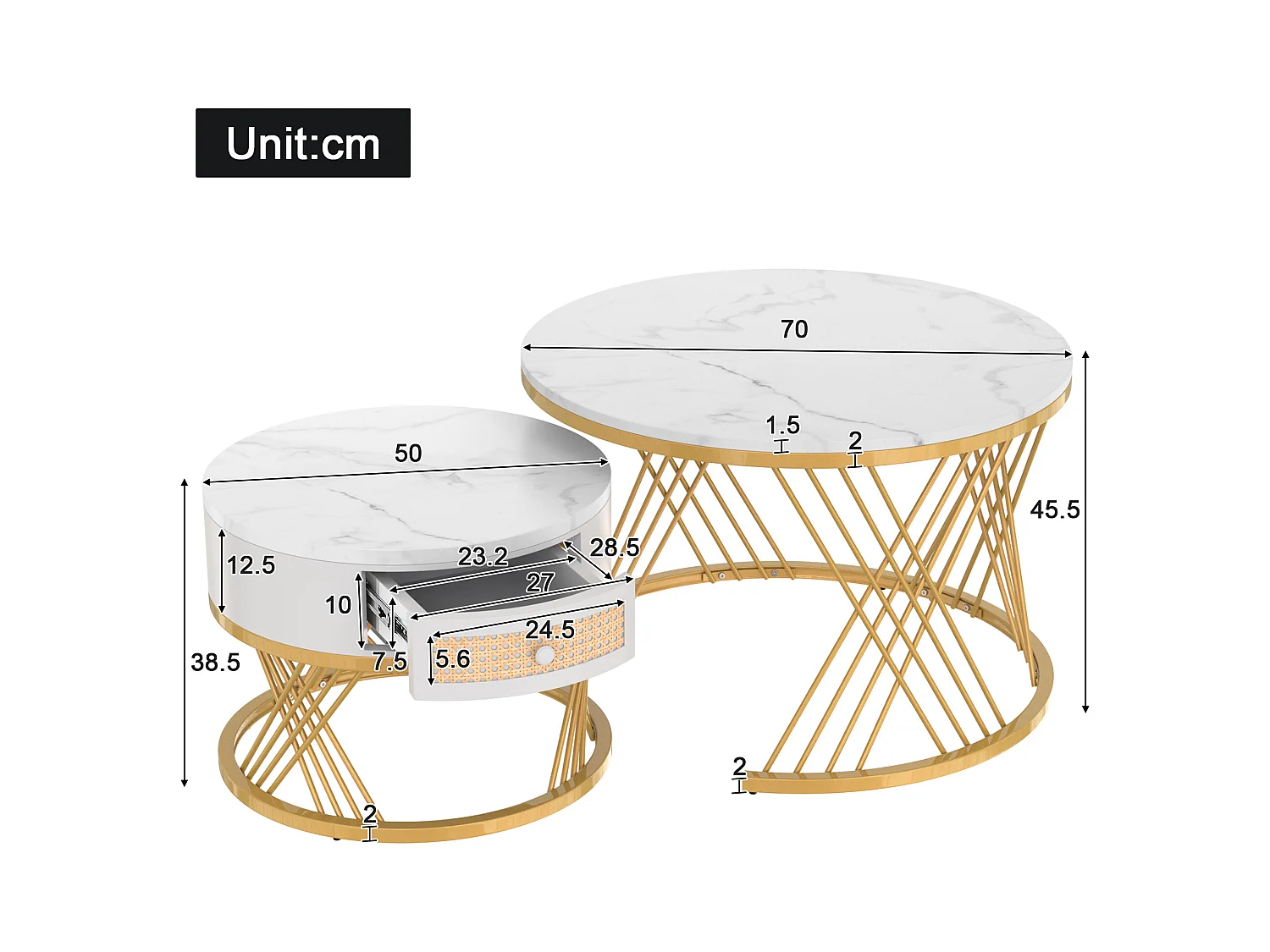 Lot de 2 tables basses gigognes rondes placage marbre blanc avec tiroir et tablette inférieure, cadre en métal doré