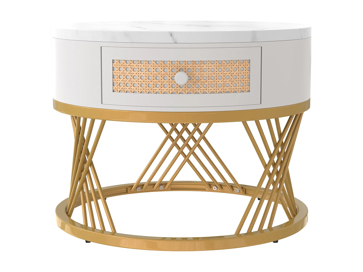 Lot de 2 tables basses gigognes rondes placage marbre blanc avec tiroir et tablette inférieure, cadre en métal doré