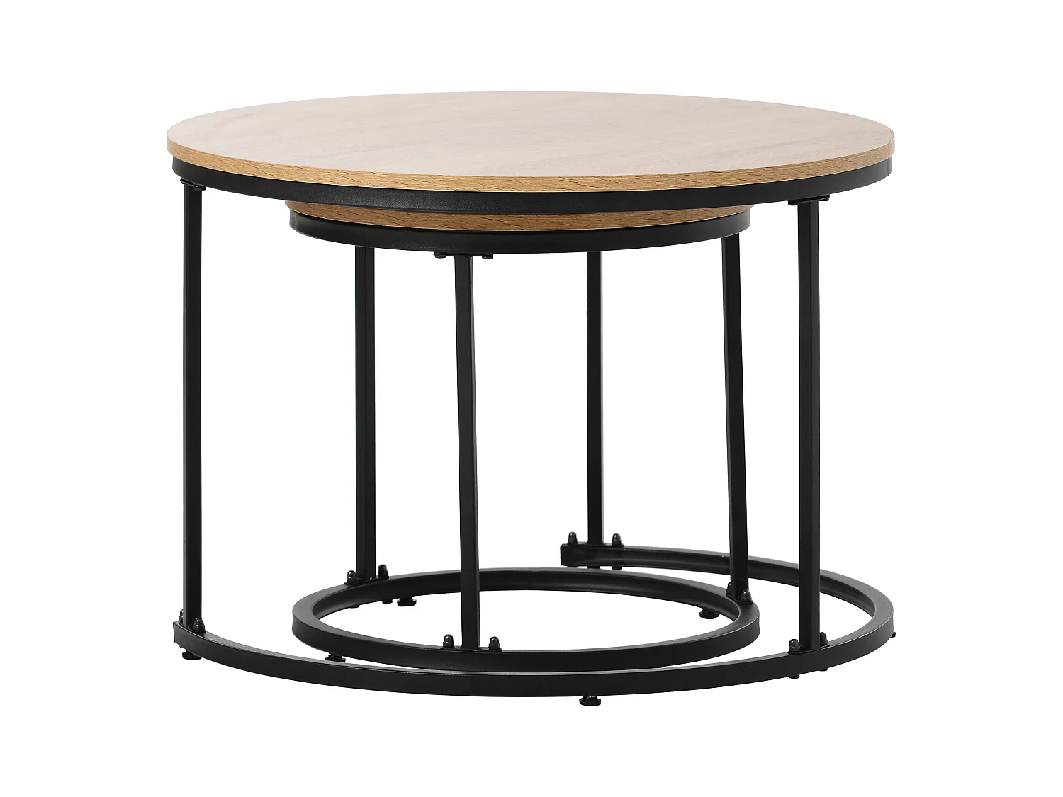 Lot de 2 tables basses gigognes rondes woodgrain naturel clair, cadre en métal noir
