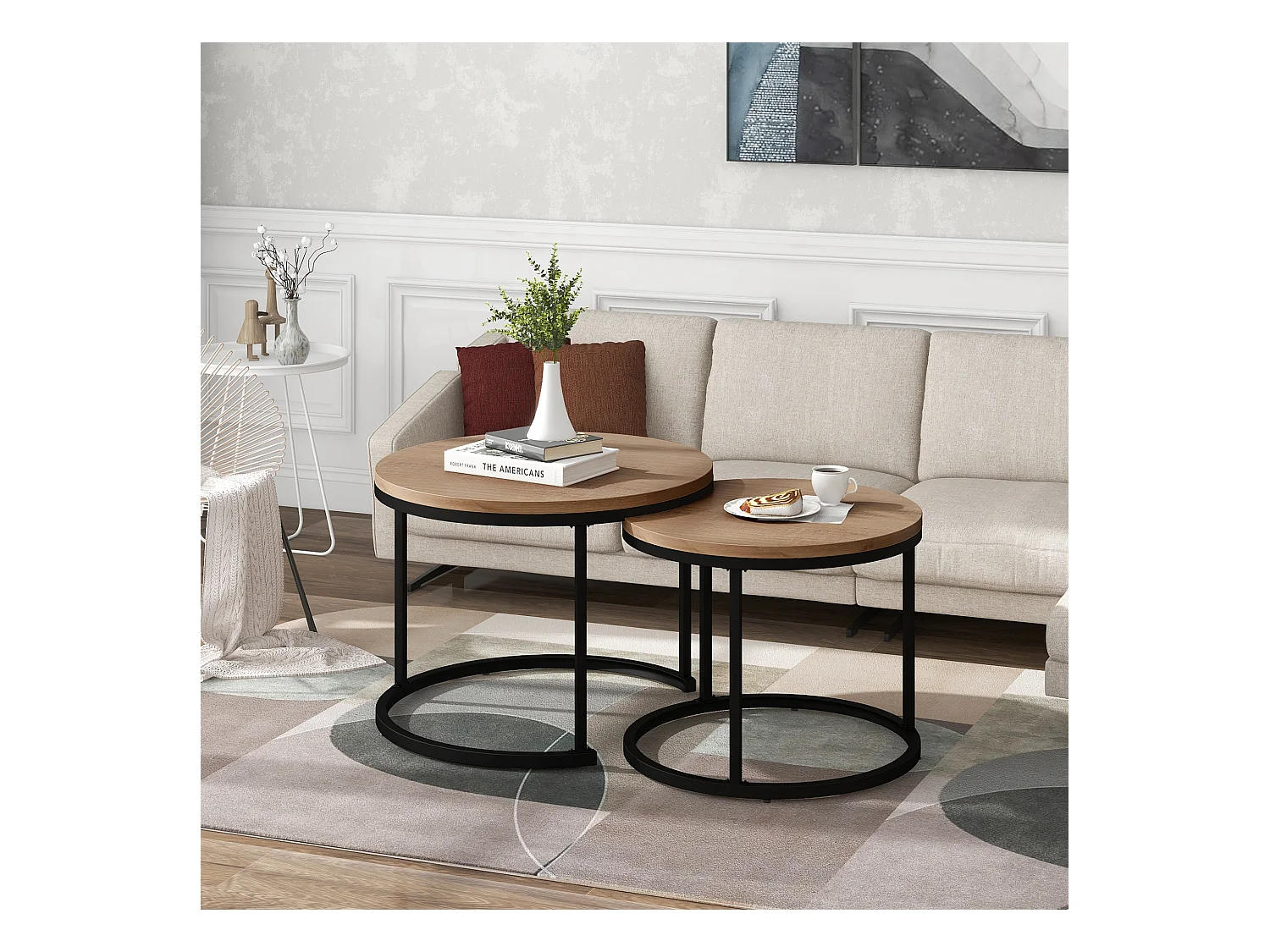 Lot de 2 tables basses gigognes rondes woodgrain naturel clair, cadre en métal noir