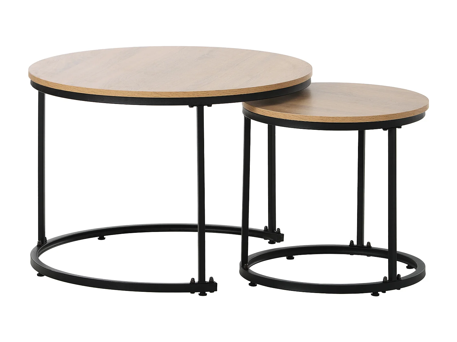 Set van 2 ronde, in elkaar passende salontafels, lichte natuurlijke houtnerf, zwart metalen frame