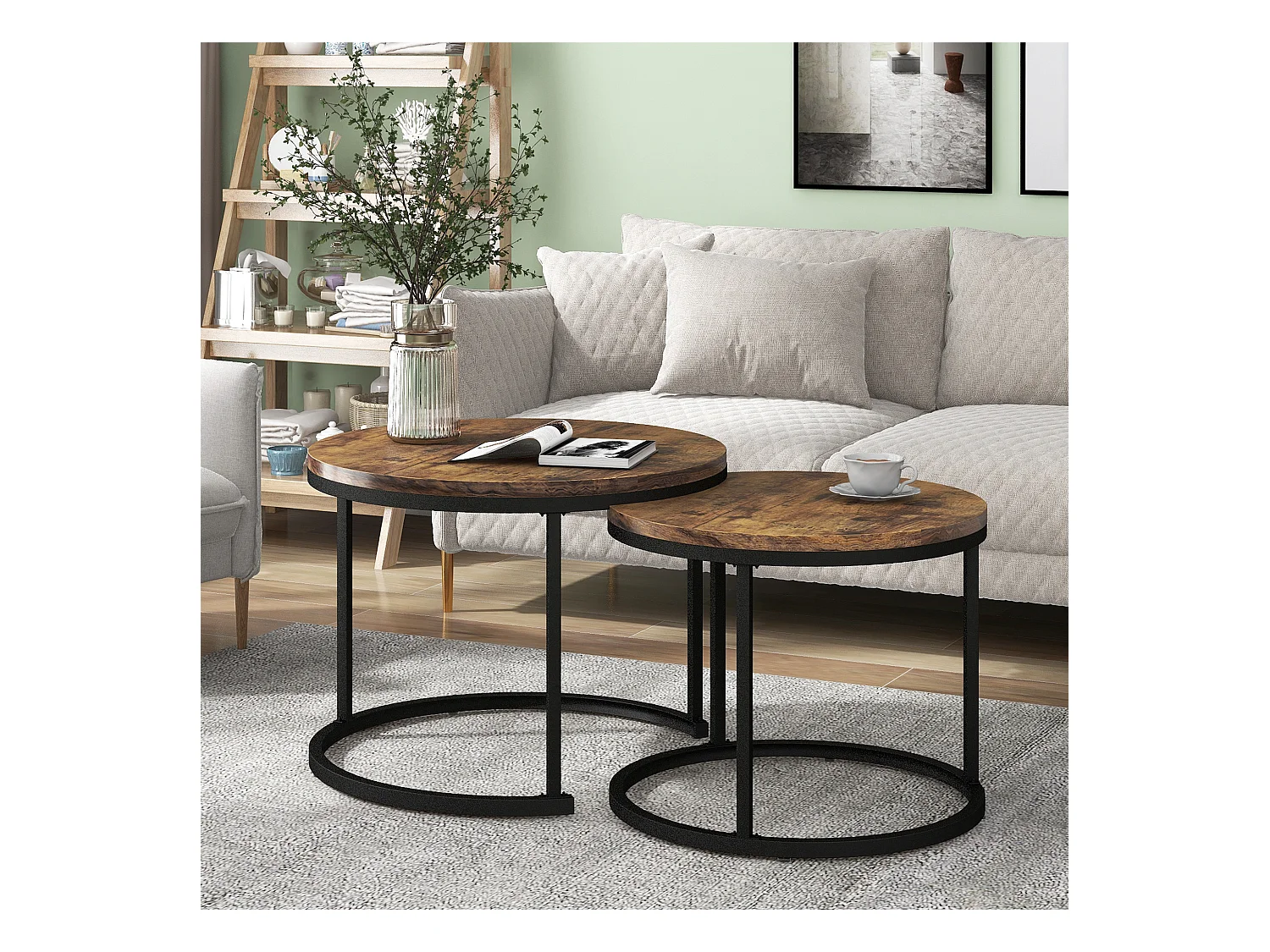 Lot de 2 tables basses gigognes rondes woodgrain marron, cadre en métal noir
