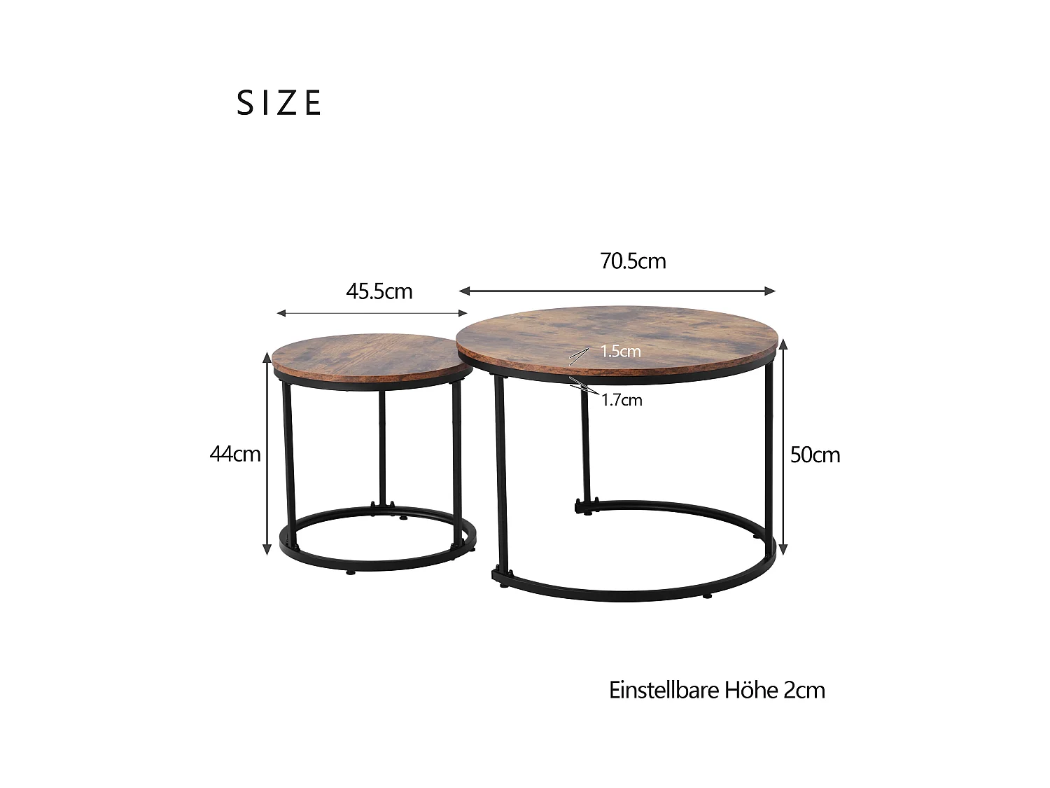 Lot de 2 tables basses gigognes rondes woodgrain marron, cadre en métal noir