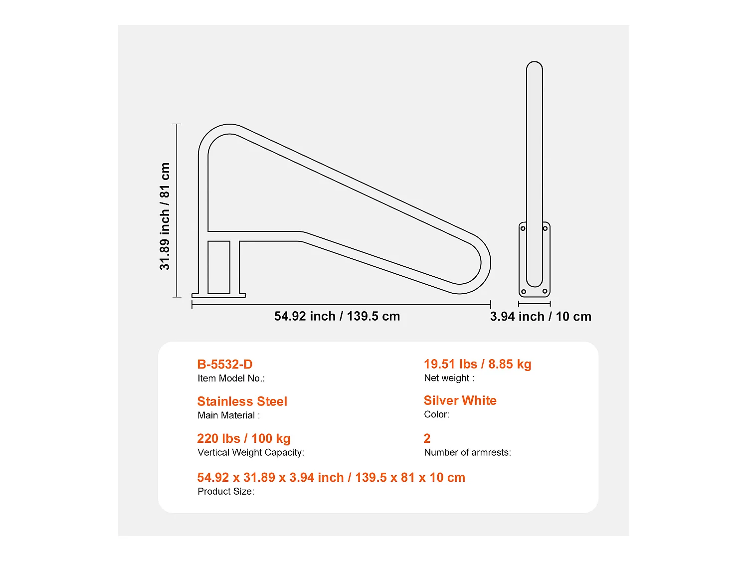 Main Courante de Piscine, SucceBuy Rampe de Piscine 2 Pièces 139.5 x 81 cm en Acier Inoxydable avec Plaque de Base pour Spas
