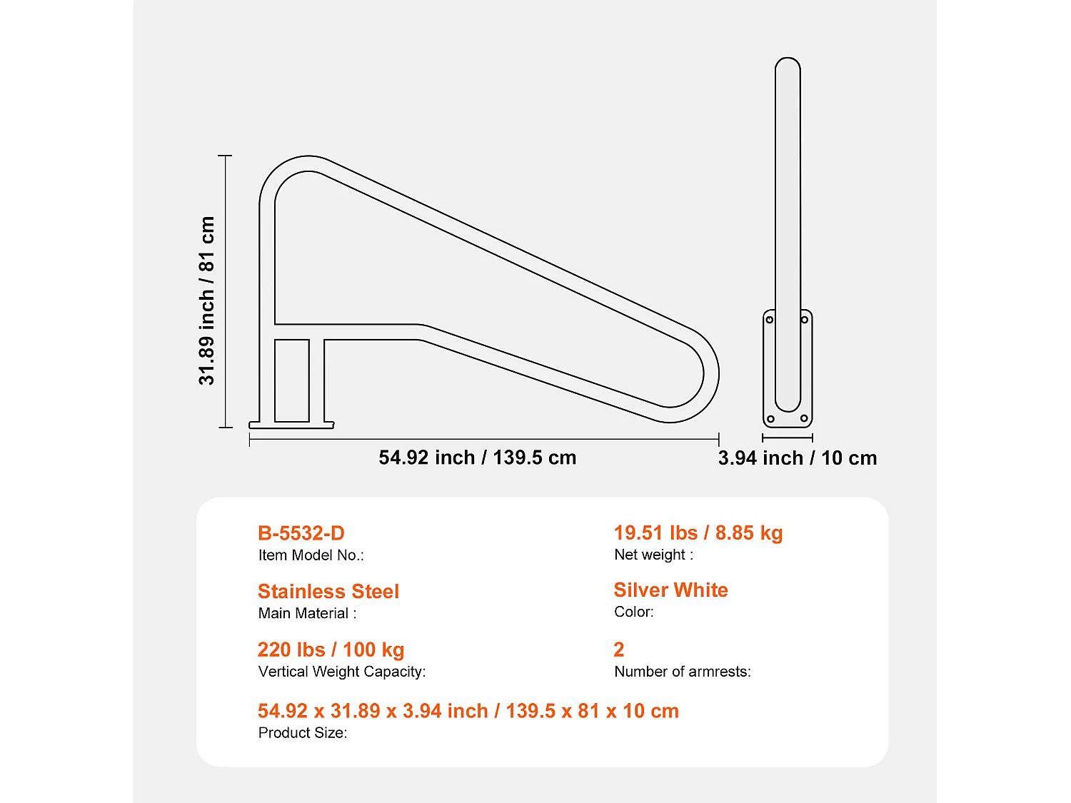 Main Courante de Piscine, SucceBuy Rampe de Piscine 2 Pièces 139.5 x 81 cm en Acier Inoxydable avec Plaque de Base pour Spas