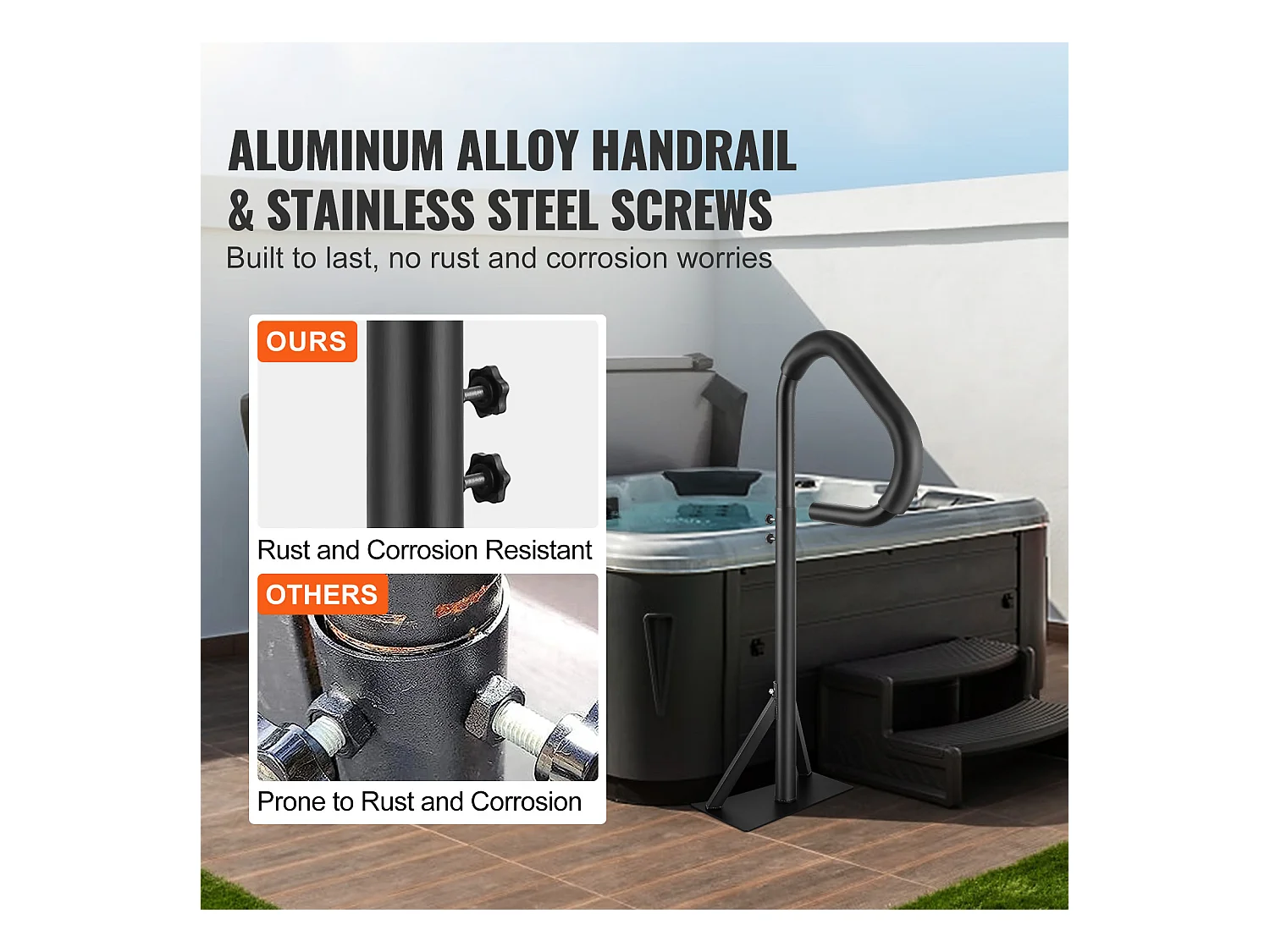 Main Courante de Piscine, SucceBuy Rampe de Bain à Remous Rotative à 360°, Hauteur Réglable de 89 à 144.7 cm