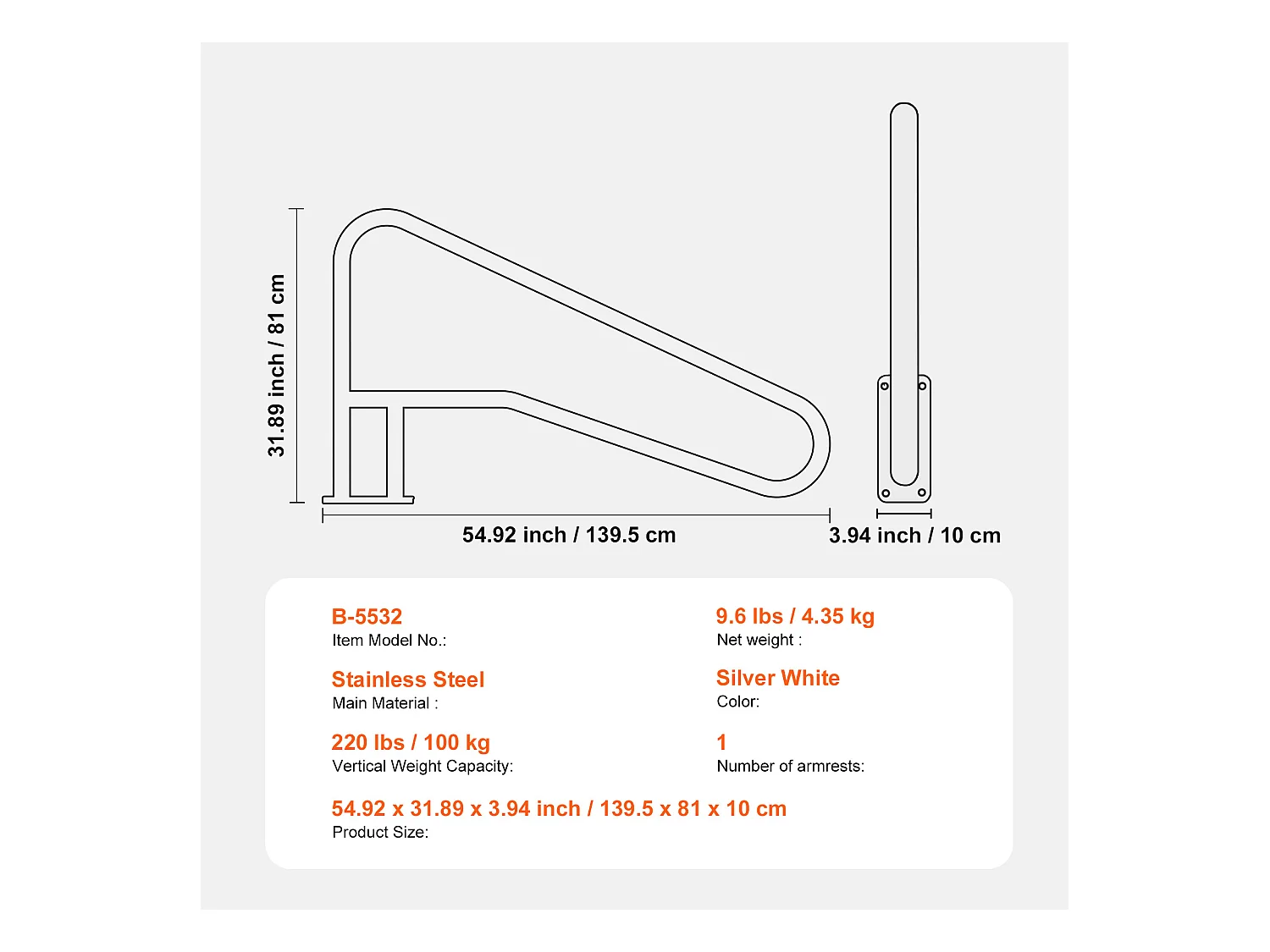 Main Courante de Piscine, SucceBuy Rampe de Piscine 139.5 x 81 cm en Acier Inoxydable avec Plaque de Base pour Spas