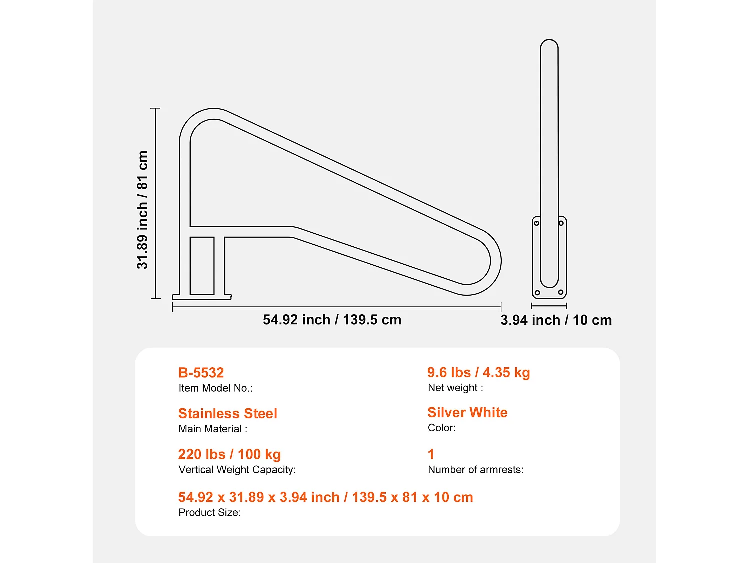 Main Courante de Piscine, SucceBuy Rampe de Piscine 139.5 x 81 cm en Acier Inoxydable avec Plaque de Base pour Spas