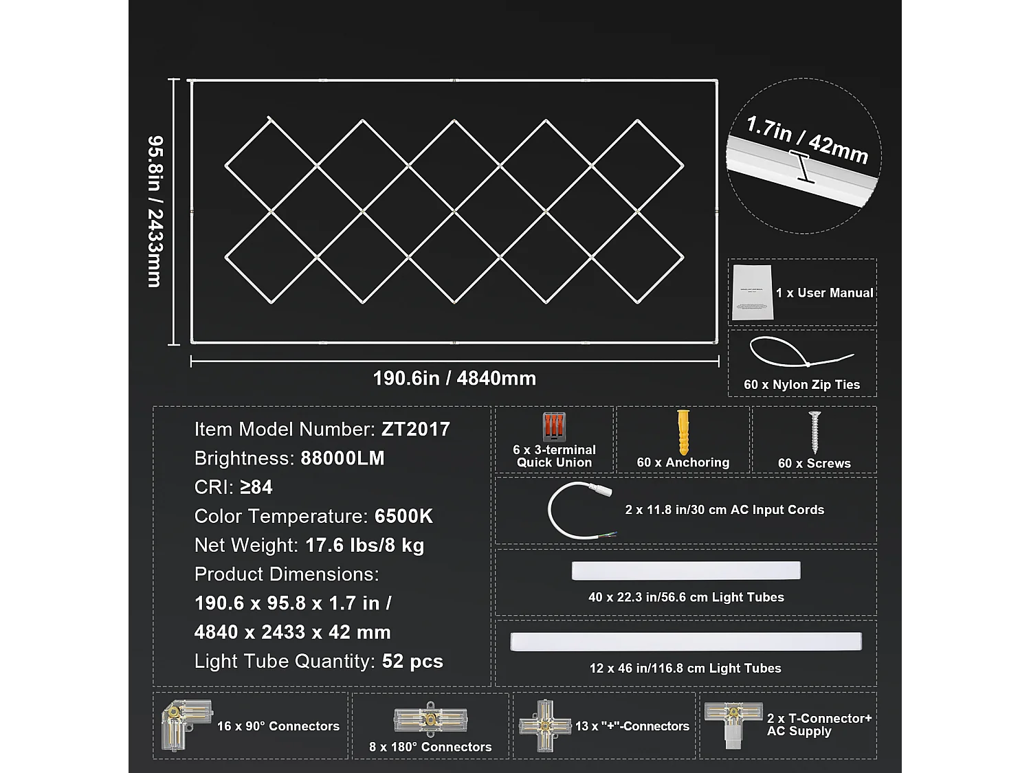 Lampe de Garage SucceBuy à LED 88 000 lm DIY Bright 14 Plafonnier Carré pour Voiture