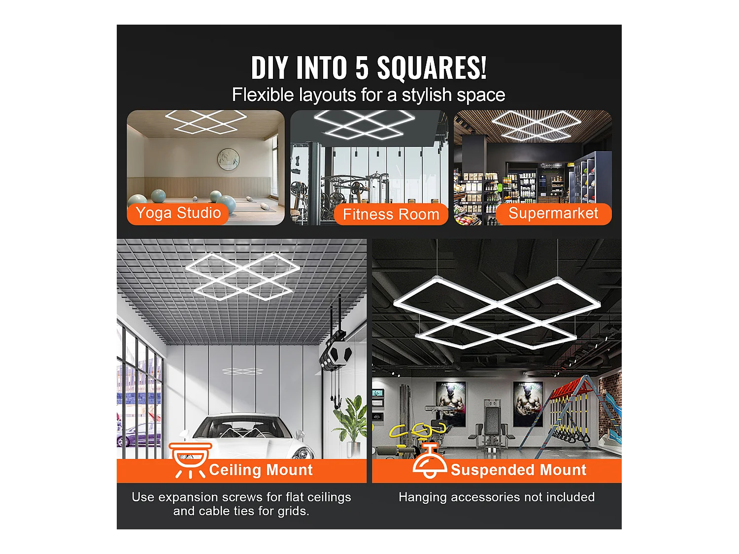 Garagenlampen SucceBuy Quadratisch LED 22.000 lm 5 Gitter für Auto-Detailbeleuchtung