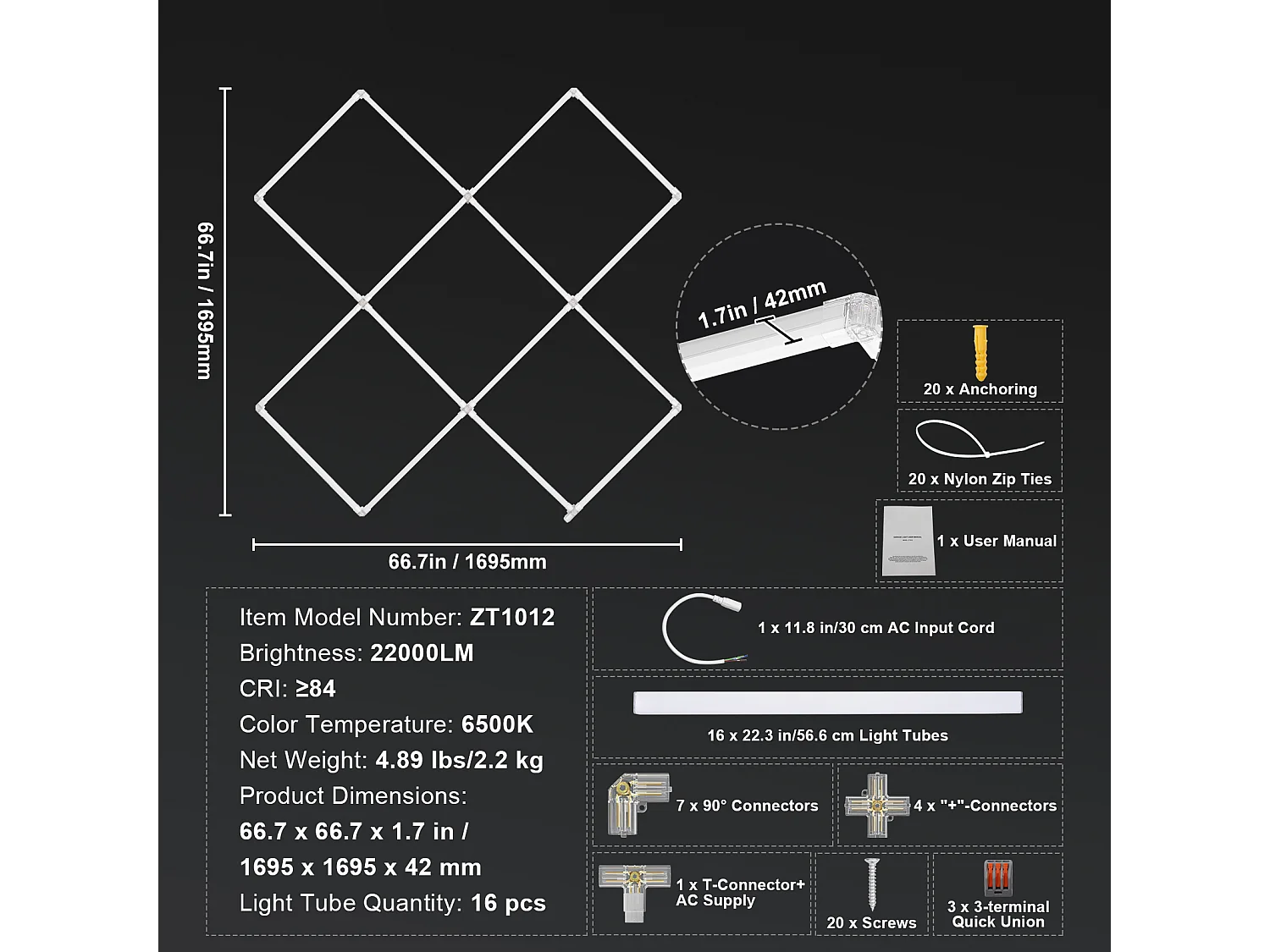 Lampes de Garage SucceBuy Carrées à LED 22 000 lm 5 Grilles pour Éclairage de Détail de Voiture